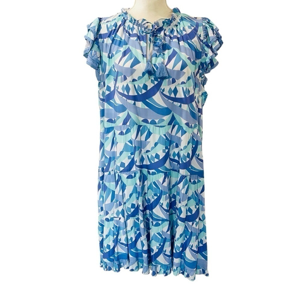 Sail To Sable Size XXL Poppy Ruffle Neck Tiered Dress Blue Multi NWT $268 - Picture 2 of 12